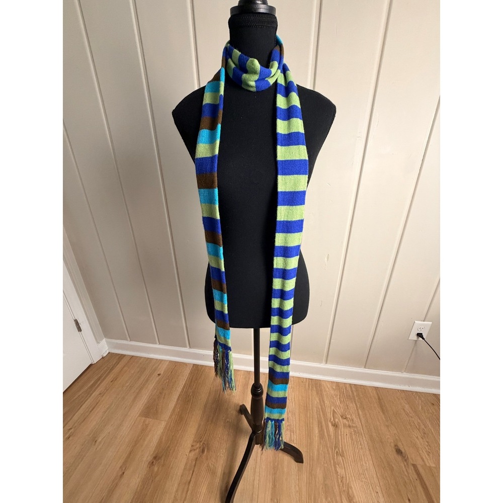 Vintage Striped Knit Scarf Blue Green Brown Long Fringe Winter Neck Wear Unisex